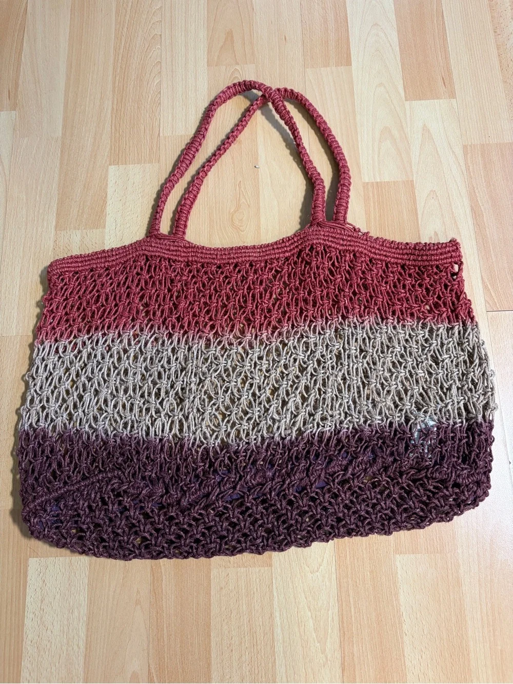 Free People Handwoven Jute Crochet Open Weave Striped Tote Mauve Tan & Plum